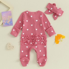 MAHUAOYIXI 2 Piece Infant Baby Girls Outfits Baby Girls' Footies Long Sleeve Jumpsuit Crew Neck Heart Print Ruffle Zipper Romper Newborn Baby Clothes with Headband (Red, 0 Months)