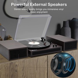 LP&No.1 Vinyl Record Player with Stereo Bookshelf Speakers, Vintage Wood Finish, 3-Speed Belt-Drive Turntable with Wireless Input Playback Mode, RCA Output, Auto Stop | Brown