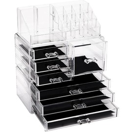 Sea Team 3-Layer Stackable Clear Makeup Organizer with Drawers, Acrylic Plastic Cosmetic Display Case, Jewelry Storage Box for Dresser, Bathroom, Vanity, Countertop (7 Drawers, 1 Lipstick Holder)