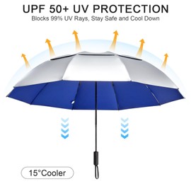 G4Free 46 Inch Large Golf UV Umbrella Compact Reverse Travel Sun Protection Umbrella 10 Ribs Windproof for Rain Double Canopy Automatic Open Close (Sliver/Blue)