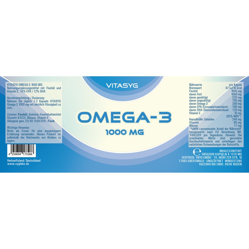 Vitasyg Omega 3 Fischöl Kapseln 1000mg 18% EPA 12% DHA