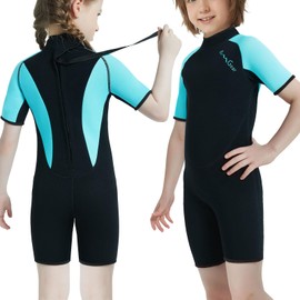 OMGear Wetsuit Kids 3mm Shorty Neoprene Short Sleeves Diving Suits Back Thermal Swimsuit for Youth Boys Girls Scuba Diving Surfing Snorkeling Swimming Water Sports(Aqua,4)