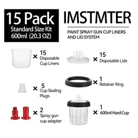 20oz (600ml) Disposable Paint Spray Gun Liners and Lids, 15 Liners, 15 Lids, 5 Plugs, 2 Adapter, 1 Hard Cup & Retainer Ring, Disposable Paint Spray Gun Cup System for LVLP HVLP Spray Gun (600ml)