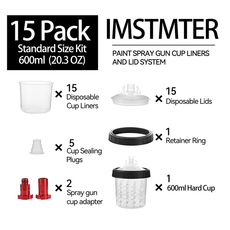 20oz (600ml) Disposable Paint Spray Gun Liners and Lids, 15