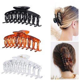 Pack of 3 Plastic Hair Claw Clips, 11 cm Large Hair Clips, Vintage Simple Non-Slip Hair Clips, Hair Pin Thick Hair Claw Clips Accessories for Women Girls, Black, Brown, Clear Crystal