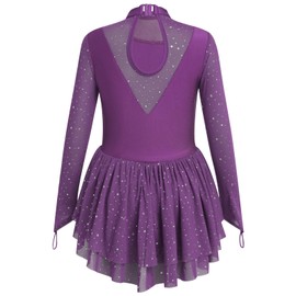 Figure Skating Dress for Girl Sparkly Sequins Mock Neck Toddler Ice Skating Rhythmic Gymnastics Leotard with Chiffon Skirt Teen Ballerina Lyrical Ballet Dance Costume Purple 5-6 Years