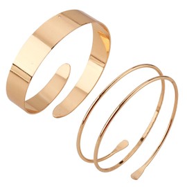 2pcs Arm Cuff Jewelry for Women, Adjustable Gold Arm Cuff Upper Arm Cuff Bangle Minimalist Gold Metal Coil Arm Cuff Bracelets Stackable Geometric Jewelry Gold Arm Band for Women