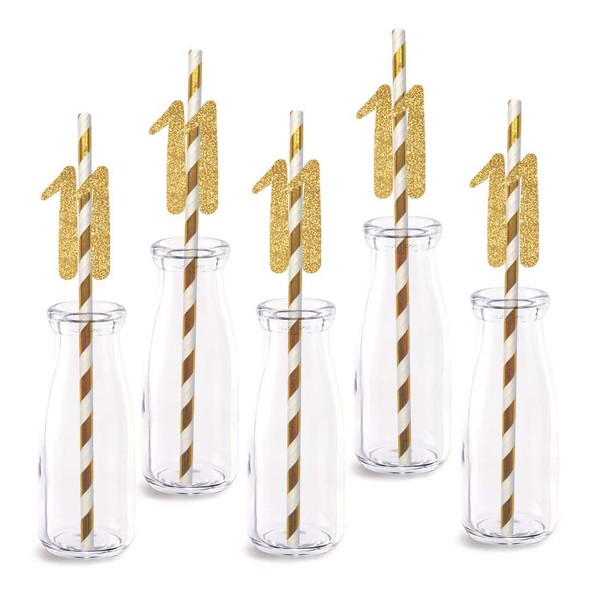 11th Birthday Paper Straw Decor, 24-Pack Real Gold Glitter Cut-Out Numbers Happy 11 Years Party Decorative Straws