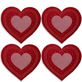 OWENIE - Juego de 4 manteles individuales de corazón para el día de San Valentín, diseño de corazón rojo bordado con lentejuelas y decoración de mesa de boda, 34.29 x 38.1 cm, color rojo