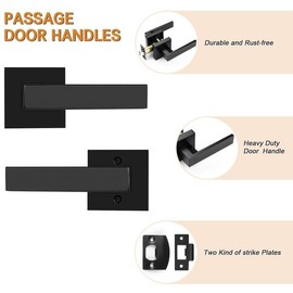 Probrico 6 Pack| Matte Black Passage Levers for Hall and Closet, Square Heavy Duty Interior Keyless Door Handles, Reversible for Left Right Sided Doors
