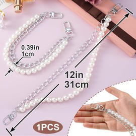 Isslly 1PCS Pearl Purse Extender Chain, Silver Bag Charm Handle, 10 mm Pearl Short Straps Replacement Decoration for Crossbody Bags, Handbags, Accessories for Bags with Metal Buckles