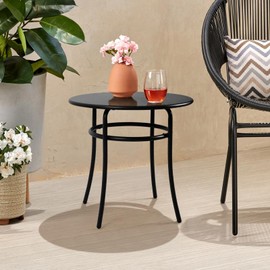 Auzfy 2 Pcs Small Outdoor Table for Patio, All-Weather Round Side Table Metal End Table with Adjustable Footrest for Porch Yard Living Room, Black