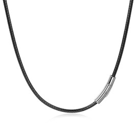 Candyfancy Leather Cord Necklace 2/3mm Artificial Leather Necklace Braid 316 Stainless Steel Clasp 16/18/20/22/24/26/28 Inch Wax Leather Chain Waterproof Black Cord Chain for Men and Women