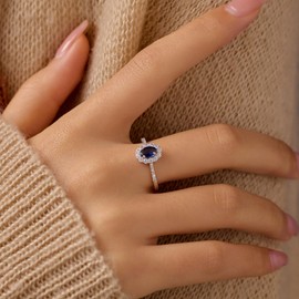 LOVECOM 925 Sterling Silver Blue Oval Cut Engagement Rings for Women Dainty Blue Gemstone Birthstone Moissanite Solitaire Bride Wedding Ring Jewelry Birthday Christmas Gifts for Wife Mom (Silver, 8)