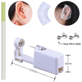 Hermosa 4 Pcs Ear Piercing Kit, Safety Piercing Gun Tool, Disposable Self Ear Piercer Kit with 4 Pcs Earrings Stud 4 Pcs Ear Hole Cleaning Thread 4 Pcs Cleaning Sheet (203 Silver Bean 3mm)