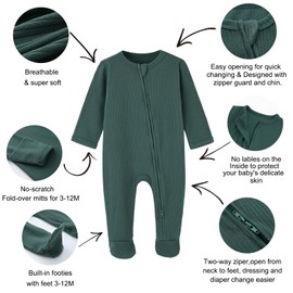 BINUDUCKLING Baby Boys Girls Two-Way Zip Sleepsuit, Baby Footed Pajamas with Mitten Cuffs - Cotton Baby Onesies Long Sleeve Zip Up Baby Grows 0-3 Months, Dark Green