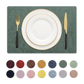 Romanstile Vinyl Placemats Set of 4-12 X 18 Inch - Heat Resistant Non-Slip Embossed Floral Place Mats 100% Waterproof Oilproof Wipeable Faux Leather Table Mats for Kitchen/Dining/Party, Green
