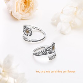 Adjustable Vintage Sunflower Ring for Women 925 Sterling Silver Oxidation Flower Spoon Rings You Are My Sunshine Inspirational Band Ring