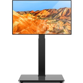 TAVR Universal Floor TV Stand Base for 32-75 Inch TVs up to 110 Lbs with Swivel Height Adjustable Mount, Black Tempered Glass Base for Media Storage and Space Saving