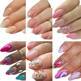 6 Packs(144Pcs) Flower Press on Nails Short Almond Fake Nails with French Tip Design Butterfly False Nails Acrylic Nails Press ons Glossy Stick on Nails Full Cover Glue on Nails for Women Manicure