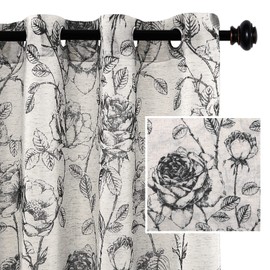 H.VERSAILTEX Boho Floral Linen Curtains, Semi Sheer Light Filtering Curtains, Drapes 84 Inch Length 2 Panels Set, Grommet Top Farmhouse Vintage Curtain, Print Pattern Treatments for Bedroom, Black
