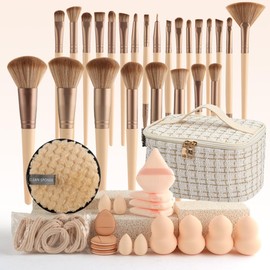 Juego de Brochas de Maquillaje Profesional, 25 Piezas con Esponjas, Limpiador y Bolsa de Almacenamiento, para Base, Rubor, Corrector y Sombra de Ojos (Blanco)