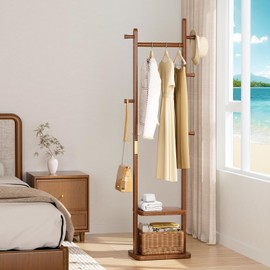 Freestanding Coat Rack, Solid Wood Coat Tree Stand with Double Shelves & 5 Hooks, Heavy Duty Entryway Coat Rack for Hanging Clothes, Hats, Bags (Modern Design，Walnut Brown)