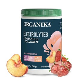 Organika Electrolitos con Colgeno Hidrolizado Sabor Fresa Durazno 360 g  Aporta 5 g de colgeno bovino y vitamina C por porcin sin azcar ni cafena...  