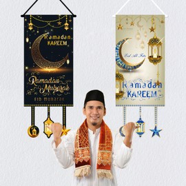 15.8 x 39.4 inches Eid Mubarak Decorations, Ramadan Kareem Hanging Door Sign, Eid Al-Fitr Iftar Party Favor Hang Flag Ramadan Mubarak Banner Party Decorations Welcome Wall Banner for Party Supplies