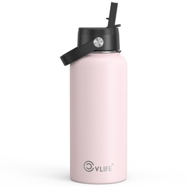 CVLIFE 32 Oz Insulated Water Bottle with Straw, Leak Proof Stainless Steel Thermos for Cold and Hot Drinks, Metal Travel Bottles for Gym and Sports (Light Pink)​