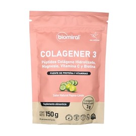 Biomiral Colagener 3 - Suplemento Alimenticio En Polvo - Péptidos de Colágeno Hidrolizado 150g - Magnesio, Vitamina C y Biotina - Fuente de Proteínas y Vitaminas - Sin Azúcar - Sabor Pepino Limón