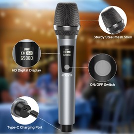 JYX Micrófono Inalámbrico, Micrófono Dinámico para Karaoke con Receptor y Anillo Antideslizante, Distancia de Transmisión de 80ft, Sistema de Micrófono Recargable para Noche de Karaoke, Reunión