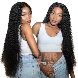 ISEE Wear Go Deep Curly Pre Cut HD Lace Glueless Lace Closure Wig - Beginner Friendly Xmas Gift for Girlfriend/Wife/Family - Hair Knots: Bleached Knots, Hair Length: 18