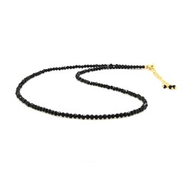 Gempires Natural Black Tourmaline Beaded Necklace, Black Choker Necklace For Women, Faceted Round Beads, October,Gift, 16+2 inch Adjustable 14k Gold Plated Chain