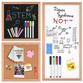 Magnetic Dry Erase White Board/Chalkboard/Cork Board, 3 in 1 Combination Board with Real Natural Wood Frame, 12" X 12" and 24" X 12"â¦