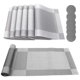 Time to Sparkle 13 PCS Vinyl Woven 6pcs Placemats + 6pcs Coasters+ 1pc Tablecloth Anti-Slip Table Mat Waterproof Heat Resistant Table Mat Decoration (Placemat+Runner-Sliver)