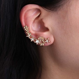 Cybche Crystal Flower Ear Climber Earrings CZ Flower Cuff Wrap Earrings Gold CZ Flower Clip Earrings Rhinestones Crawler Earrings Non Piercing Earrings Jewelry for Women
