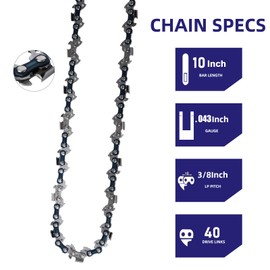 5Pack R40 10 Inch Chainsaw Chain .043" Gauge 40 Drive Links 3/8" Pitch Replacement Chains Compatible with Ryobi Echo CS-271 PPF-225 Homelite WORX WG322
