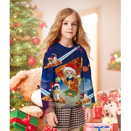 ACOCOPY Girls Ugly Christmas Pullover Boys Funny Pizza Cats Printed Xmas Sweatshirt Jumpers for Casual Party 4-5T