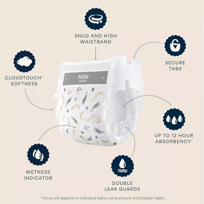 Millie Moon Luxury Diapers, Size 5, 64 Count