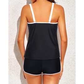 Tempt Me Women Two Piece Tankini Swimsuits - Swimsuits with Pockets Shorts Tummy Control Bathing Suit Athletic Swimwear Black and White L
