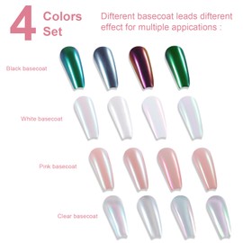 Allstarry Chrome Nail Powder Kit Black White Gel Polish with Top Coat and Base Coat Set, 4 Colors Iridescent Aurora Powder Metallic Mirror Effect Mermaid Pigment Glitter Dust for Nail Art Decoration