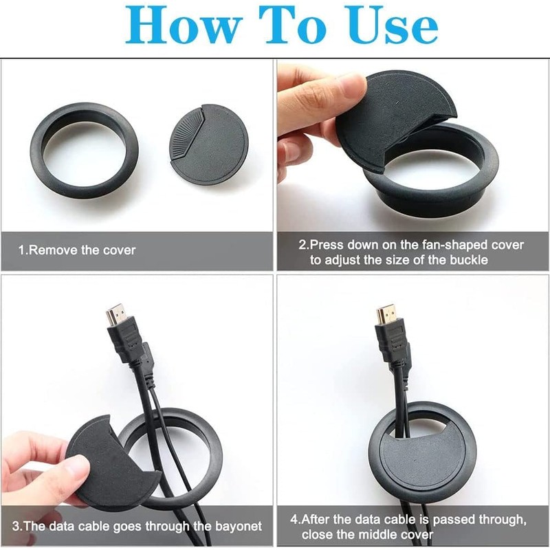 Pack of 4 Desk Cable Grommets, 80 mm Cable Hole