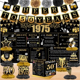 50th Birthday Decorations for Women Men, 18PCS Black Gold Back in 1975 Banner Decorations, Bday Backdrop, 50 Year Old Banner for Mother Dad, Birthday Card, 6 Paper Poms 9 Honeycomb Balls
