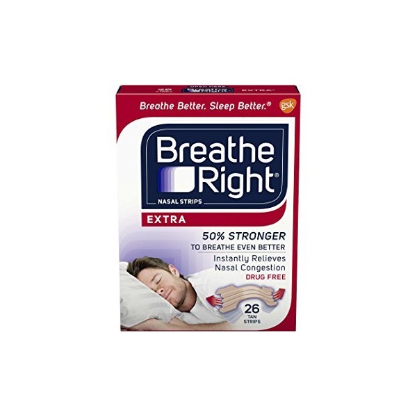 Breathe Right Extra Strength Nasal Strips for Drug-Free Congestion Relief, Tan, 26 Count - Pack of 5