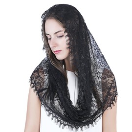 TREORSI Black Infinity Scarf Mantilla - Catholic Veil Church Veil Head Covering Latin Mass