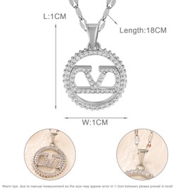 Hanaoops Circle Link Letter Necklace for Women Gold Silver Round Pendant Necklace with Cubic Zirconia Circle Coin Letter V Necklace Fashion Jewellery Gift for Daughter Mom (Silver)