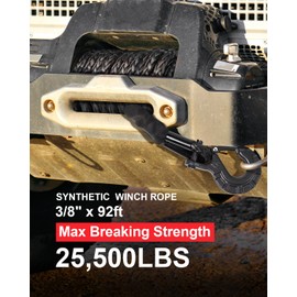 DAYDOOR Synthetic Winch Rope, 3/8 Inch x 92ft 25,500 LBS Synthetic Winch Line, Synthetic Winch Cable for Offroad Vehicle 4WD SUV Jeep, Synthetic Rope with Forged Winch Hook(Gray)