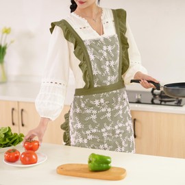 Pinknoke Vintage Pinafore Apron Dress for Women with Pockets Cute Floral Chef Aprons for Kitchen Cooking Baking Gardening (Army Green)