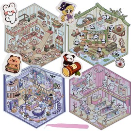 4 Sets DIY 3D House Sticker Scene of Stickers for Girls Make Your Own Mini Shop Scenes Stickers Cute Cartoon Animal Sticker for Adult Relief Stress Pass The Time (Mini-1)